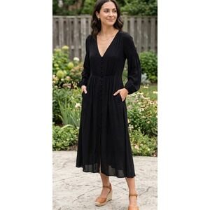 Reformation V-Neck Button Front Long Puff Sleeve Midi Dress Black Women's Size 6
